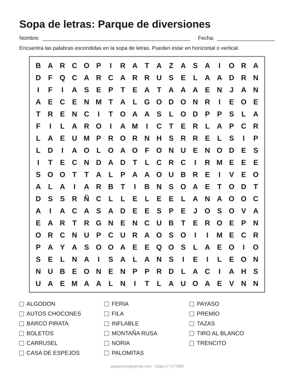 Hoja para imprimir de la sopa de letras del parque de diversiones: cuadrícula de 19 × 19 letras con 17 palabras escondidas, renglones para nombre y fecha y la lista de palabras para tachar.