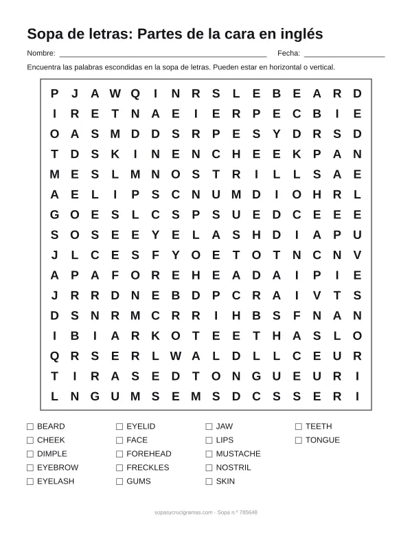 Hoja para imprimir de la sopa de letras de la cara en inglés: cuadrícula de 16 × 16 letras con 17 palabras escondidas, renglones para nombre y fecha y la lista de palabras para tachar.
