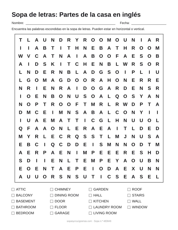 Hoja para imprimir de la sopa de letras de la casa en inglés: cuadrícula de 18 × 18 letras con 19 palabras escondidas, renglones para nombre y fecha y la lista de palabras para tachar.