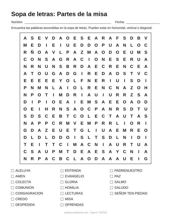 Hoja para imprimir de la sopa de letras de las partes de la misa: cuadrícula de 18 × 18 letras con 19 palabras escondidas, renglones para nombre y fecha y la lista de palabras para tachar.