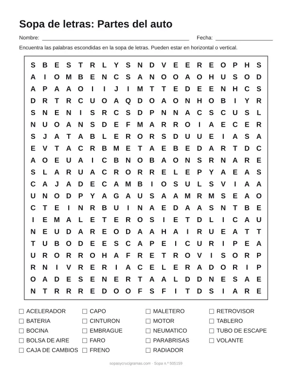 Hoja para imprimir de la sopa de letras de las partes del auto: cuadrícula de 20 × 20 letras con 19 palabras escondidas, renglones para nombre y fecha y la lista de palabras para tachar.