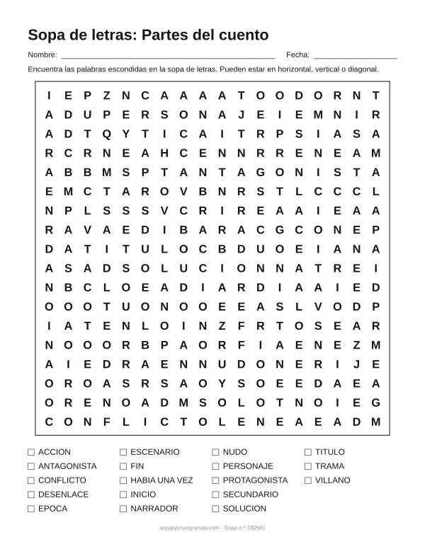 Hoja para imprimir de la sopa de letras de las partes del cuento: cuadrícula de 18 × 18 letras con 18 palabras escondidas, renglones para nombre y fecha y la lista de palabras para tachar.