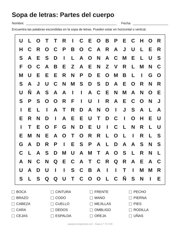 Hoja para imprimir de la sopa de letras de las partes del cuerpo: cuadrícula de 17 × 17 letras con 20 palabras escondidas, renglones para nombre y fecha y la lista de palabras para tachar.
