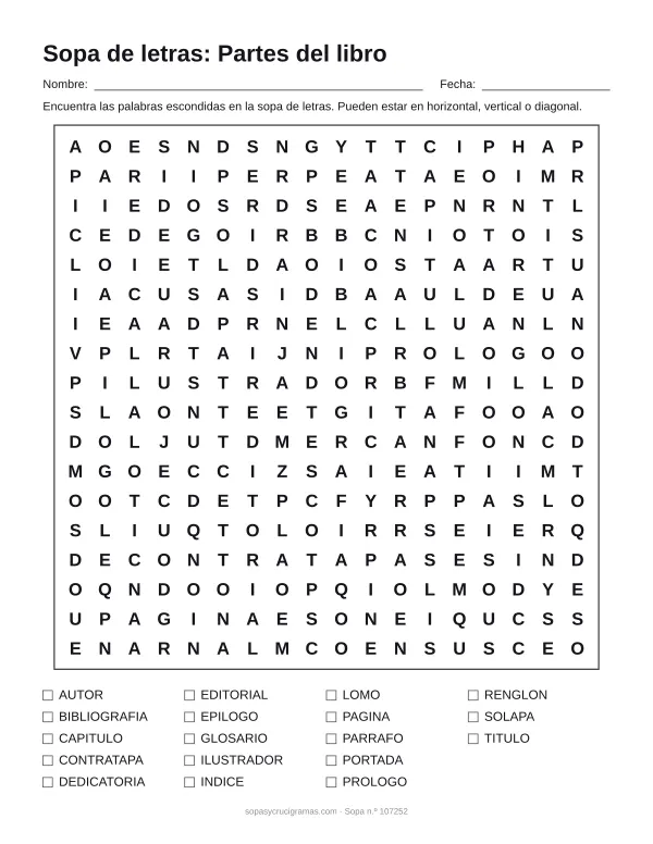 Hoja para imprimir de la sopa de letras de las partes del libro: cuadrícula de 18 × 18 letras con 18 palabras escondidas, renglones para nombre y fecha y la lista de palabras para tachar.