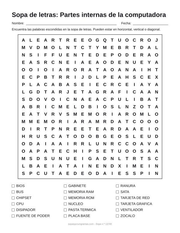Hoja para imprimir de la sopa de letras de las partes internas del PC: cuadrícula de 19 × 19 letras con 18 palabras escondidas, renglones para nombre y fecha y la lista de palabras para tachar.