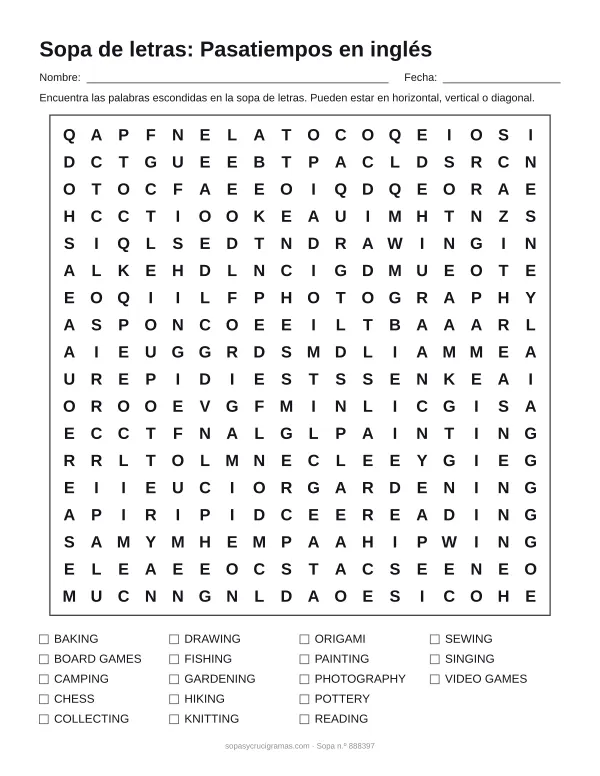 Hoja para imprimir de la sopa de letras de pasatiempos en inglés: cuadrícula de 18 × 18 letras con 18 palabras escondidas, renglones para nombre y fecha y la lista de palabras para tachar.