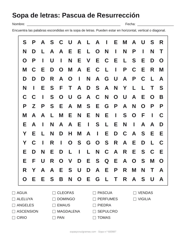 Hoja para imprimir de la sopa de letras de la Pascua de Resurrección: cuadrícula de 16 × 16 letras con 17 palabras escondidas, renglones para nombre y fecha y la lista de palabras para tachar.