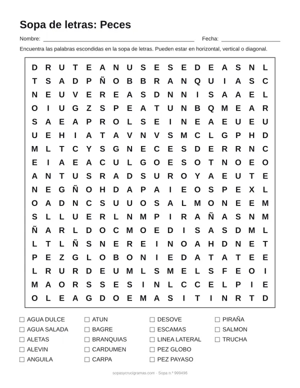 Hoja para imprimir de la sopa de letras de los peces: cuadrícula de 18 × 18 letras con 18 palabras escondidas, renglones para nombre y fecha y la lista de palabras para tachar.