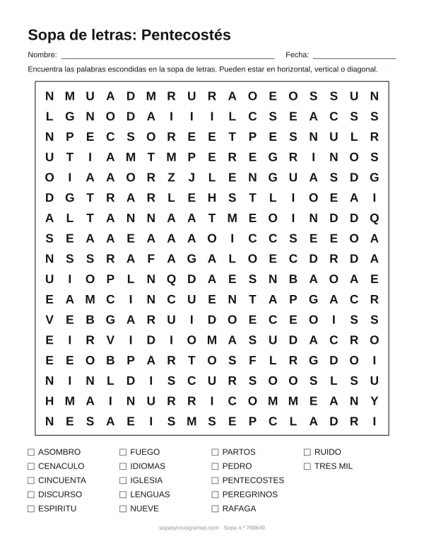 Hoja para imprimir de la sopa de letras de Pentecostés: cuadrícula de 17 × 17 letras con 17 palabras escondidas, renglones para nombre y fecha y la lista de palabras para tachar.