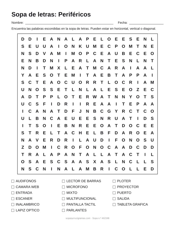 Hoja para imprimir de la sopa de letras de los periféricos: cuadrícula de 19 × 19 letras con 17 palabras escondidas, renglones para nombre y fecha y la lista de palabras para tachar.