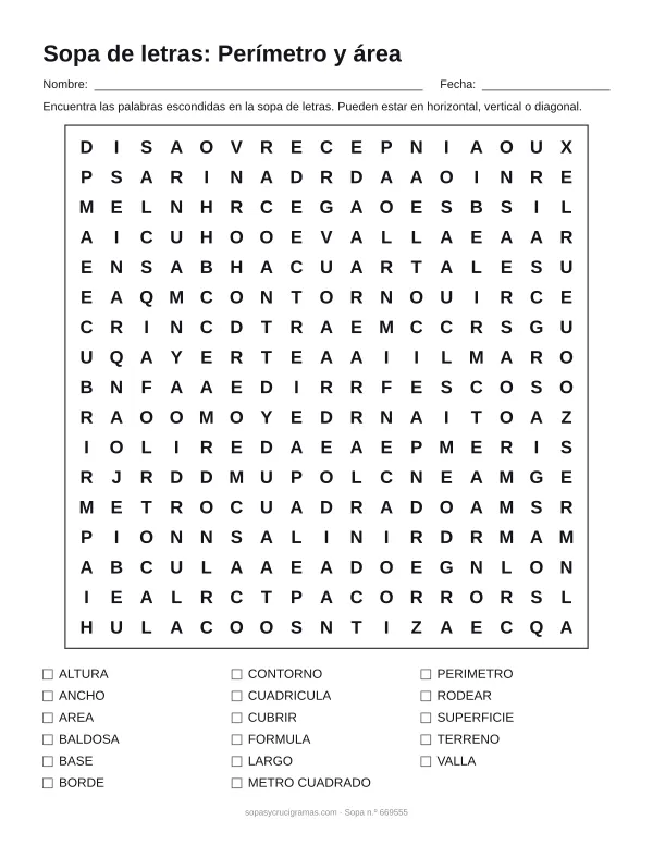 Hoja para imprimir de la sopa de letras de perímetro y área: cuadrícula de 17 × 17 letras con 17 palabras escondidas, renglones para nombre y fecha y la lista de palabras para tachar.