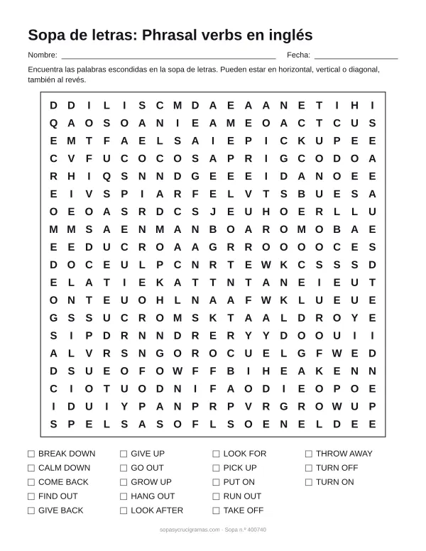 Hoja para imprimir de la sopa de letras de phrasal verbs en inglés: cuadrícula de 19 × 19 letras con 18 palabras escondidas, renglones para nombre y fecha y la lista de palabras para tachar.