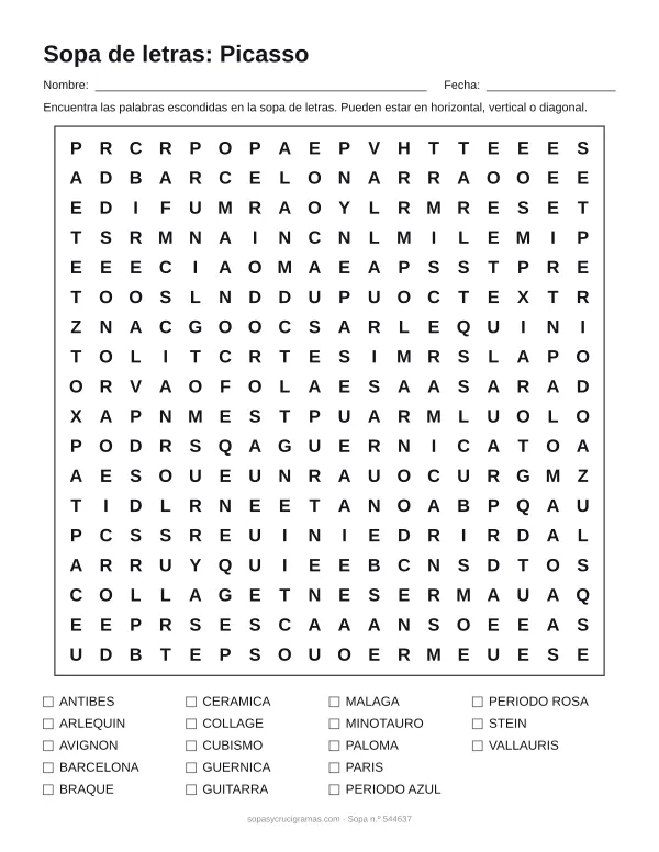 Hoja para imprimir de la sopa de letras de Picasso: cuadrícula de 18 × 18 letras con 18 palabras escondidas, renglones para nombre y fecha y la lista de palabras para tachar.
