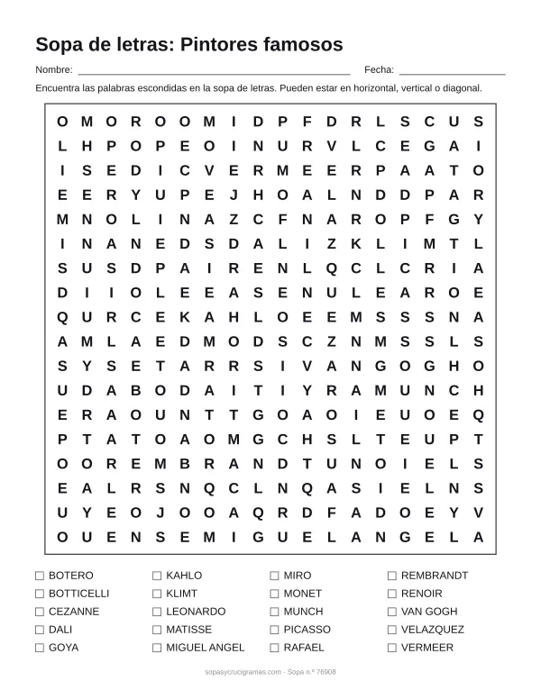 Hoja para imprimir de la sopa de letras de pintores famosos: cuadrícula de 18 × 18 letras con 20 palabras escondidas, renglones para nombre y fecha y la lista de palabras para tachar.