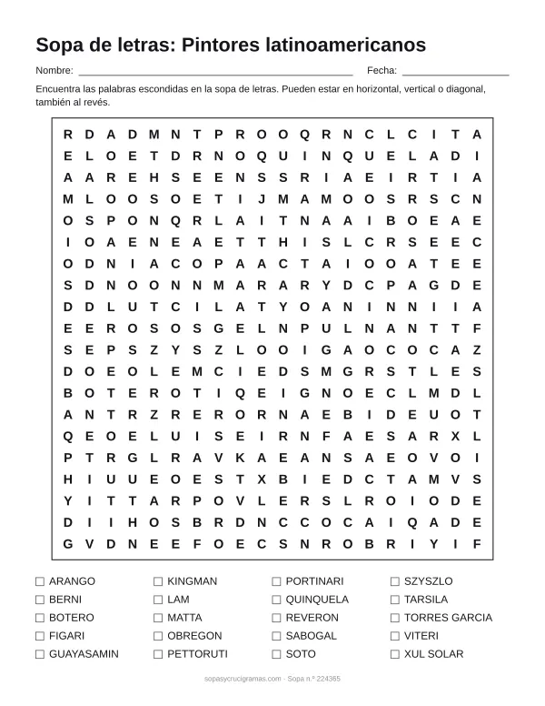 Hoja para imprimir de la sopa de letras de pintores latinoamericanos: cuadrícula de 20 × 20 letras con 20 palabras escondidas, renglones para nombre y fecha y la lista de palabras para tachar.