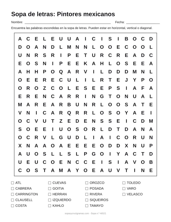 Hoja para imprimir de la sopa de letras de pintores mexicanos: cuadrícula de 17 × 17 letras con 18 palabras escondidas, renglones para nombre y fecha y la lista de palabras para tachar.