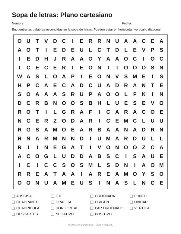 Hoja para imprimir de la sopa de letras del plano cartesiano: cuadrícula de 17 × 17 letras con 15 palabras escondidas, renglones para nombre y fecha y la lista de palabras para tachar.