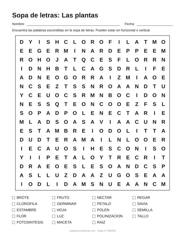 Hoja para imprimir de la sopa de letras de las plantas: cuadrícula de 17 × 17 letras con 19 palabras escondidas, renglones para nombre y fecha y la lista de palabras para tachar.