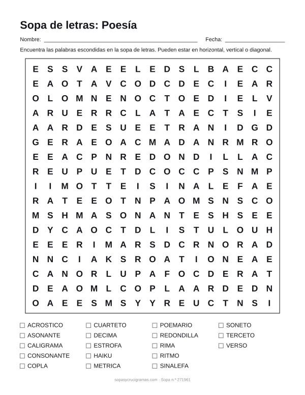 Hoja para imprimir de la sopa de letras de poesía: cuadrícula de 17 × 17 letras con 18 palabras escondidas, renglones para nombre y fecha y la lista de palabras para tachar.