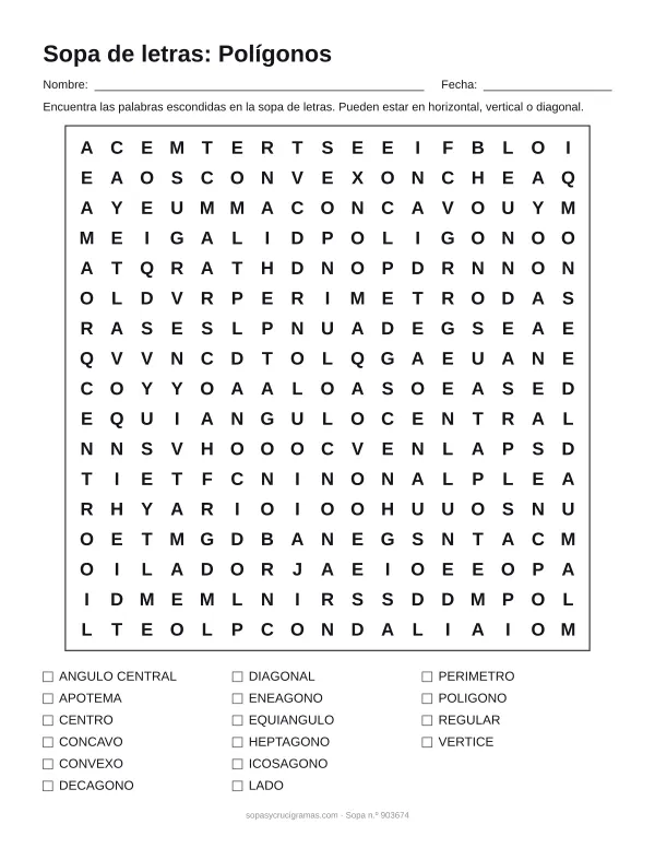 Hoja para imprimir de la sopa de letras de polígonos: cuadrícula de 17 × 17 letras con 16 palabras escondidas, renglones para nombre y fecha y la lista de palabras para tachar.