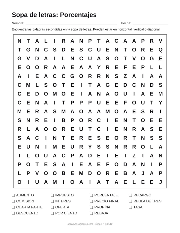Hoja para imprimir de la sopa de letras de porcentajes: cuadrícula de 17 × 17 letras con 15 palabras escondidas, renglones para nombre y fecha y la lista de palabras para tachar.