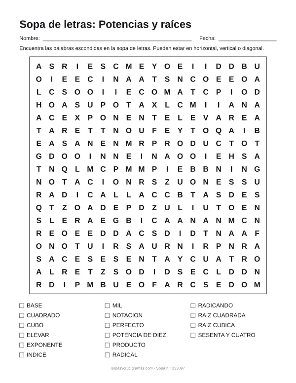 Hoja para imprimir de la sopa de letras de potencias y raíces: cuadrícula de 18 × 18 letras con 16 palabras escondidas, renglones para nombre y fecha y la lista de palabras para tachar.