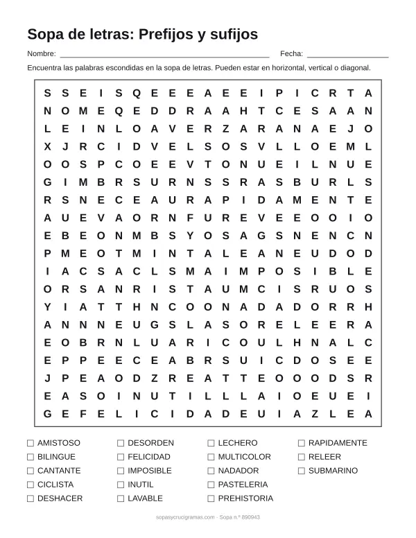 Hoja para imprimir de la sopa de letras de prefijos y sufijos: cuadrícula de 19 × 19 letras con 18 palabras escondidas, renglones para nombre y fecha y la lista de palabras para tachar.