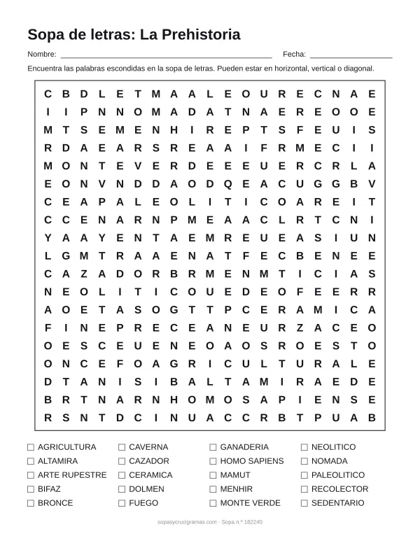 Hoja para imprimir de la sopa de letras de la Prehistoria: cuadrícula de 19 × 19 letras con 20 palabras escondidas, renglones para nombre y fecha y la lista de palabras para tachar.