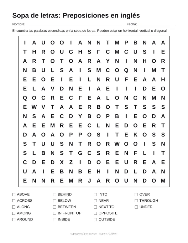 Hoja para imprimir de la sopa de letras de preposiciones en inglés: cuadrícula de 16 × 16 letras con 18 palabras escondidas, renglones para nombre y fecha y la lista de palabras para tachar.