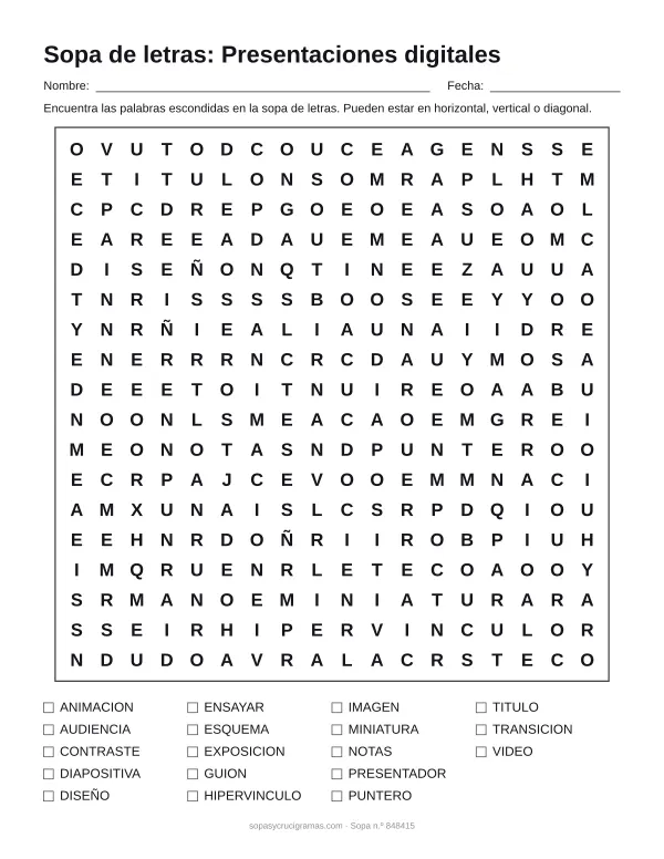 Hoja para imprimir de la sopa de letras de presentaciones digitales: cuadrícula de 18 × 18 letras con 18 palabras escondidas, renglones para nombre y fecha y la lista de palabras para tachar.