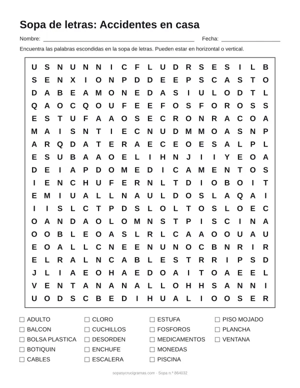 Hoja para imprimir de la sopa de letras de accidentes en casa: cuadrícula de 19 × 19 letras con 18 palabras escondidas, renglones para nombre y fecha y la lista de palabras para tachar.