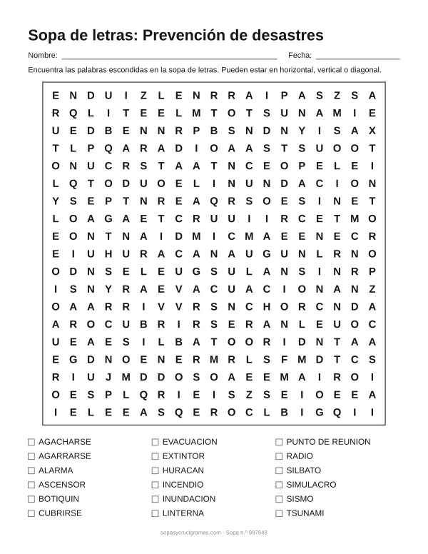 Hoja para imprimir de la sopa de letras de prevención de desastres: cuadrícula de 19 × 19 letras con 18 palabras escondidas, renglones para nombre y fecha y la lista de palabras para tachar.