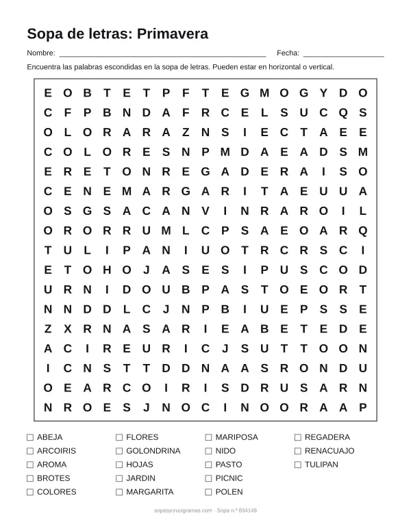 Hoja para imprimir de la sopa de letras de primavera: cuadrícula de 17 × 17 letras con 18 palabras escondidas, renglones para nombre y fecha y la lista de palabras para tachar.