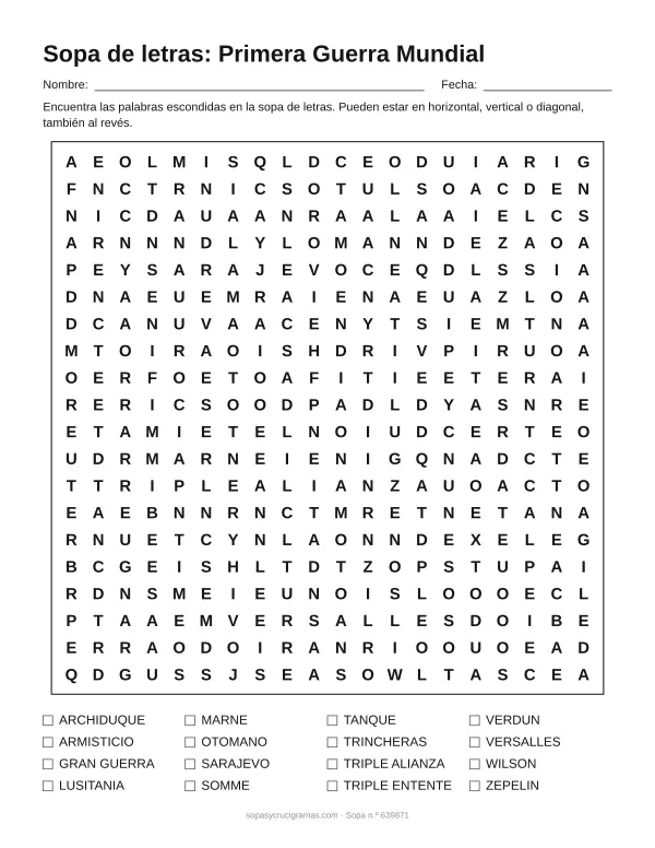 Hoja para imprimir de la sopa de letras de la Primera Guerra Mundial: cuadrícula de 20 × 20 letras con 16 palabras escondidas, renglones para nombre y fecha y la lista de palabras para tachar.