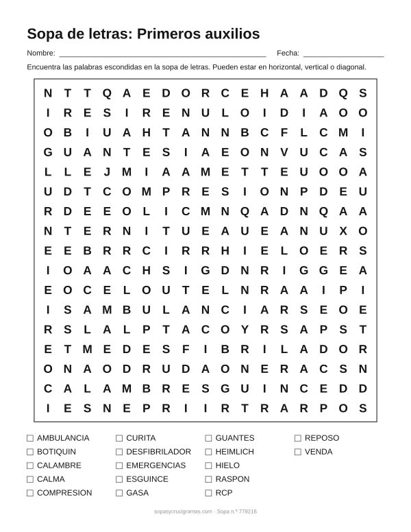 Hoja para imprimir de la sopa de letras de primeros auxilios: cuadrícula de 17 × 17 letras con 17 palabras escondidas, renglones para nombre y fecha y la lista de palabras para tachar.