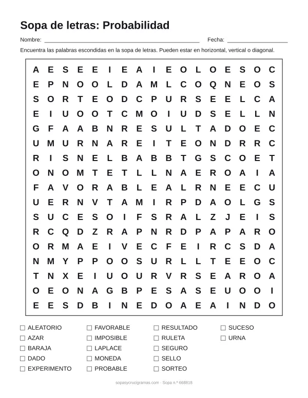Hoja para imprimir de la sopa de letras de probabilidad: cuadrícula de 17 × 17 letras con 17 palabras escondidas, renglones para nombre y fecha y la lista de palabras para tachar.