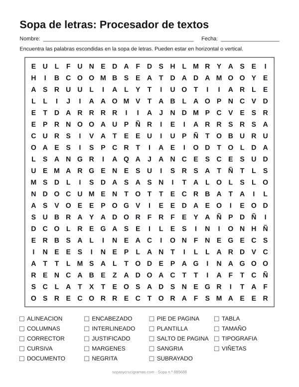 Hoja para imprimir de la sopa de letras del procesador de textos: cuadrícula de 21 × 21 letras con 19 palabras escondidas, renglones para nombre y fecha y la lista de palabras para tachar.