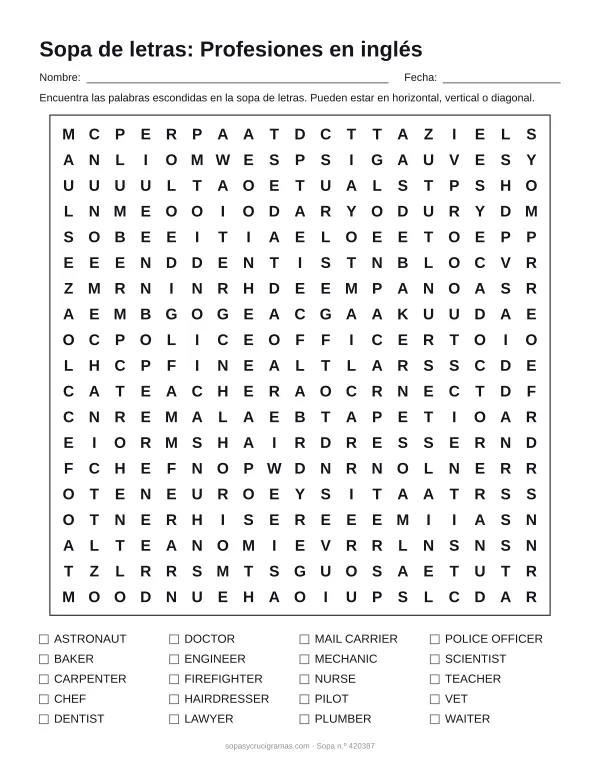 Hoja para imprimir de la sopa de letras de profesiones en inglés: cuadrícula de 19 × 19 letras con 20 palabras escondidas, renglones para nombre y fecha y la lista de palabras para tachar.