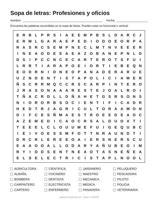 Hoja para imprimir de la sopa de letras de profesiones y oficios: cuadrícula de 21 × 21 letras con 20 palabras escondidas, renglones para nombre y fecha y la lista de palabras para tachar.