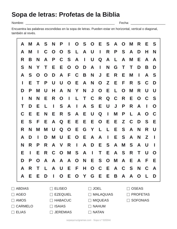 Hoja para imprimir de la sopa de letras de los profetas de la Biblia: cuadrícula de 18 × 18 letras con 18 palabras escondidas, renglones para nombre y fecha y la lista de palabras para tachar.