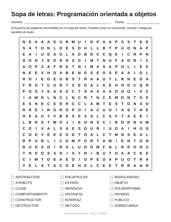Hoja para imprimir de la sopa de letras de programación con objetos: cuadrícula de 21 × 21 letras con 18 palabras escondidas, renglones para nombre y fecha y la lista de palabras para tachar.