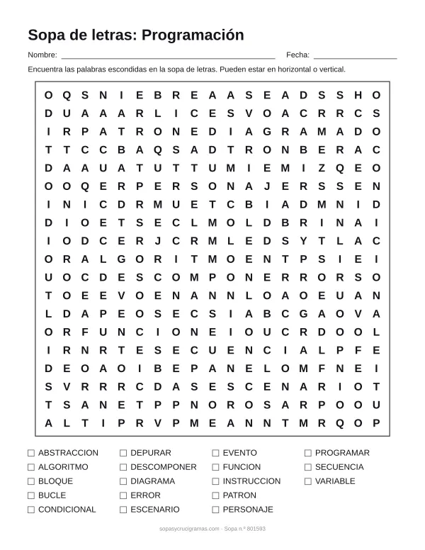 Hoja para imprimir de la sopa de letras de programación: cuadrícula de 19 × 19 letras con 18 palabras escondidas, renglones para nombre y fecha y la lista de palabras para tachar.