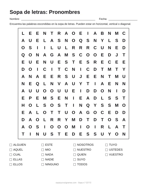 Hoja para imprimir de la sopa de letras de pronombres: cuadrícula de 15 × 15 letras con 18 palabras escondidas, renglones para nombre y fecha y la lista de palabras para tachar.
