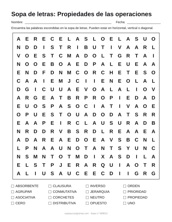 Hoja para imprimir de la sopa de letras de propiedades de operaciones: cuadrícula de 17 × 17 letras con 16 palabras escondidas, renglones para nombre y fecha y la lista de palabras para tachar.