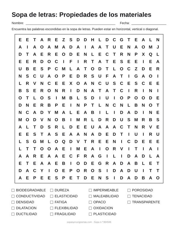 Hoja para imprimir de la sopa de letras de propiedades de materiales: cuadrícula de 20 × 20 letras con 18 palabras escondidas, renglones para nombre y fecha y la lista de palabras para tachar.