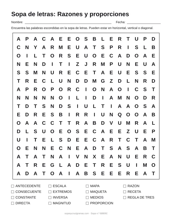 Hoja para imprimir de la sopa de letras de razones y proporciones: cuadrícula de 17 × 17 letras con 15 palabras escondidas, renglones para nombre y fecha y la lista de palabras para tachar.
