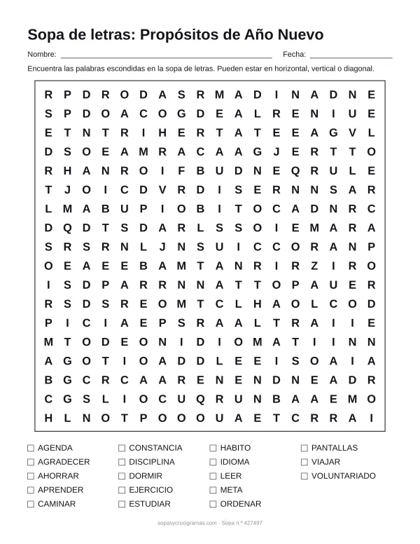 Hoja para imprimir de la sopa de letras de propósitos de Año Nuevo: cuadrícula de 18 × 18 letras con 18 palabras escondidas, renglones para nombre y fecha y la lista de palabras para tachar.