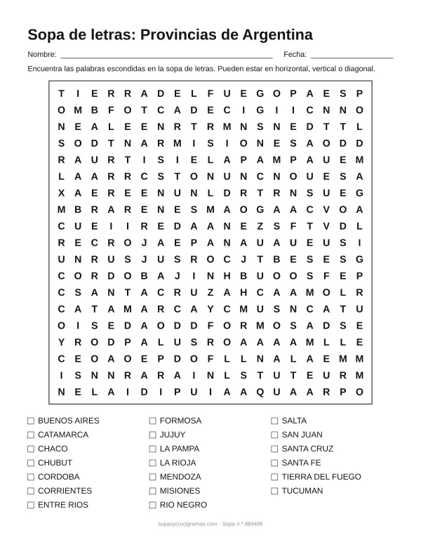 Hoja para imprimir de la sopa de letras de las provincias argentinas: cuadrícula de 19 × 19 letras con 20 palabras escondidas, renglones para nombre y fecha y la lista de palabras para tachar.
