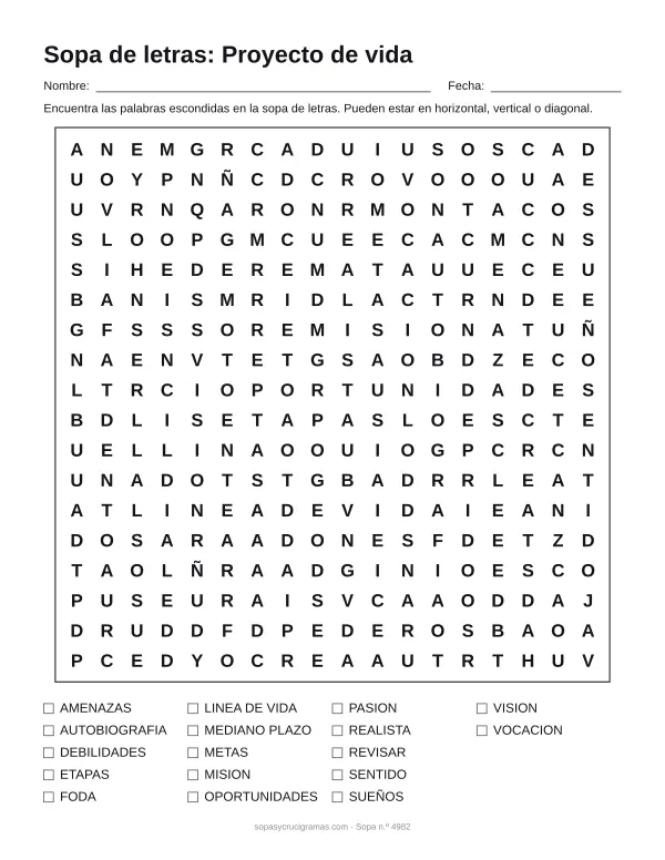 Hoja para imprimir de la sopa de letras del proyecto de vida: cuadrícula de 18 × 18 letras con 17 palabras escondidas, renglones para nombre y fecha y la lista de palabras para tachar.