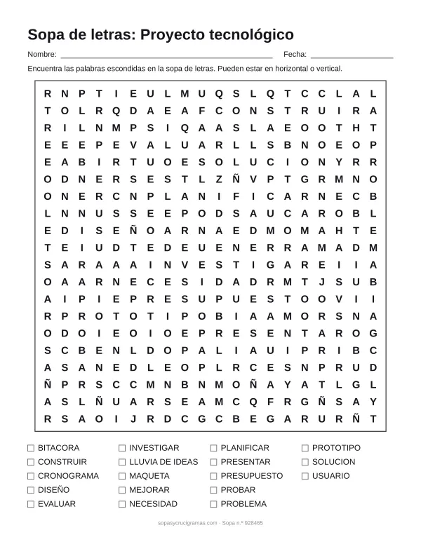Hoja para imprimir de la sopa de letras del proyecto tecnológico: cuadrícula de 20 × 20 letras con 18 palabras escondidas, renglones para nombre y fecha y la lista de palabras para tachar.